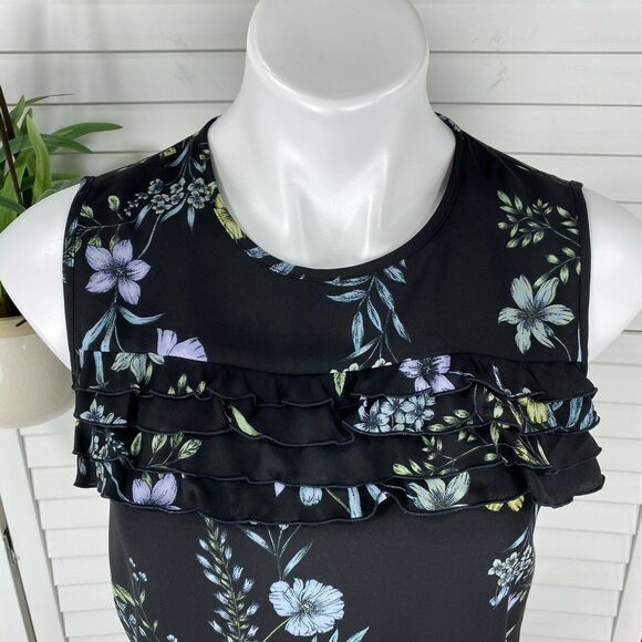 Karl Lagerfeld Paris Black Floral Sleeveless Blouse Top Sheer Ruffle Tank Size S - Picture 2 of 8